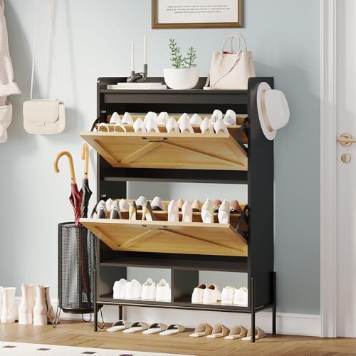 Shoe Cabinet with 4 Flip Drawers, Farmhouse Shoe Storage Cabinet with Adjustable Shelves and Anti-Tipping Device, Narrow Slim Shoe Rack, Freestanding Shoe Organizer for Entryway, Living Room (Black)