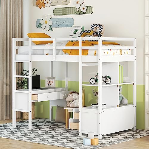 Twin Loft Bed, Saving Space Beds Frame with Desk, Storage Shelves, Drawers, Ladder, Guardrail, Solid Wood Loft Bed, Bedroom Furniture for Living Room Kids Teens Bedroom