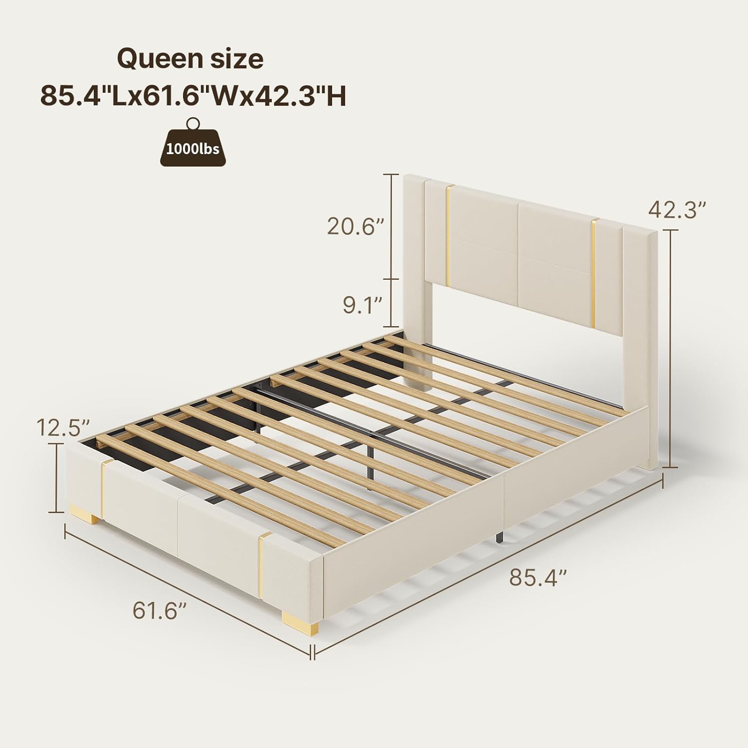 Gizoon Upgrade Queen Bed Frame, Upholstered Platform Bed Frame with Modern Headboard, Sturdy Metal Frame, Wooden Slats, Velcro Fastener, Easy Assembly, Noise-Free, No Box Spring Needed, Beige