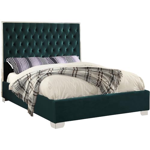 Meridian Furniture Lexi Collection Modern | Contemporary Velvet Upholstered Bed with Deep Tufting, Polished Chrome Stainless Steel Frame and Legs, King, White