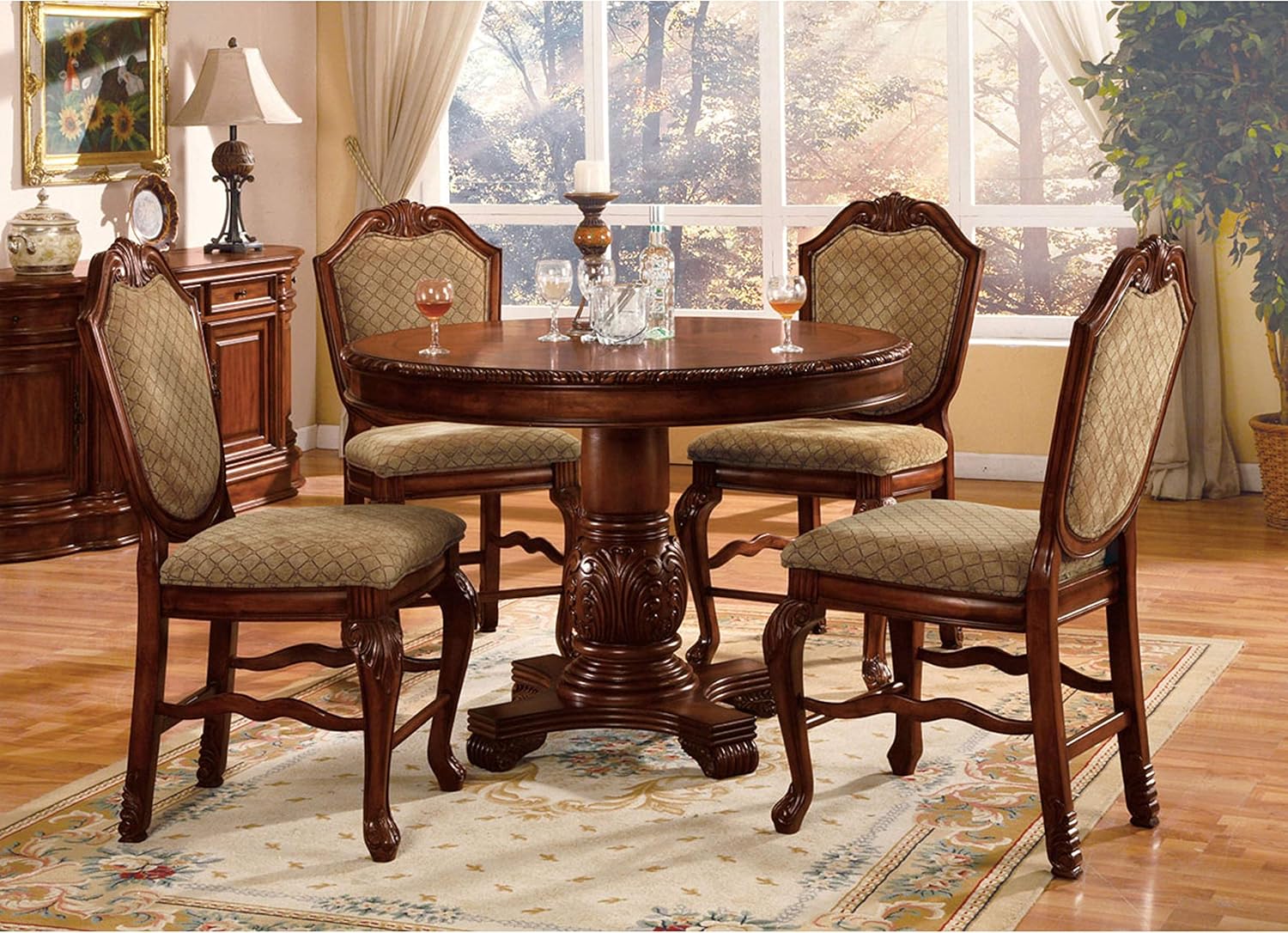 Acme Chateau De Ville Upholstered Wooden Counter Height Chair in Cherry Set of 2