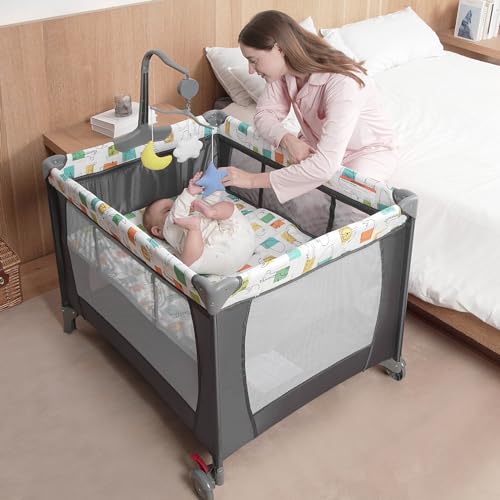 Pack and Play, Baby Bassinet Bedside Sleeper with Diaper Changer, Baby Playard, Baby Travel Playpen, Portable Baby Crib with Carry Bag, Easy to Install