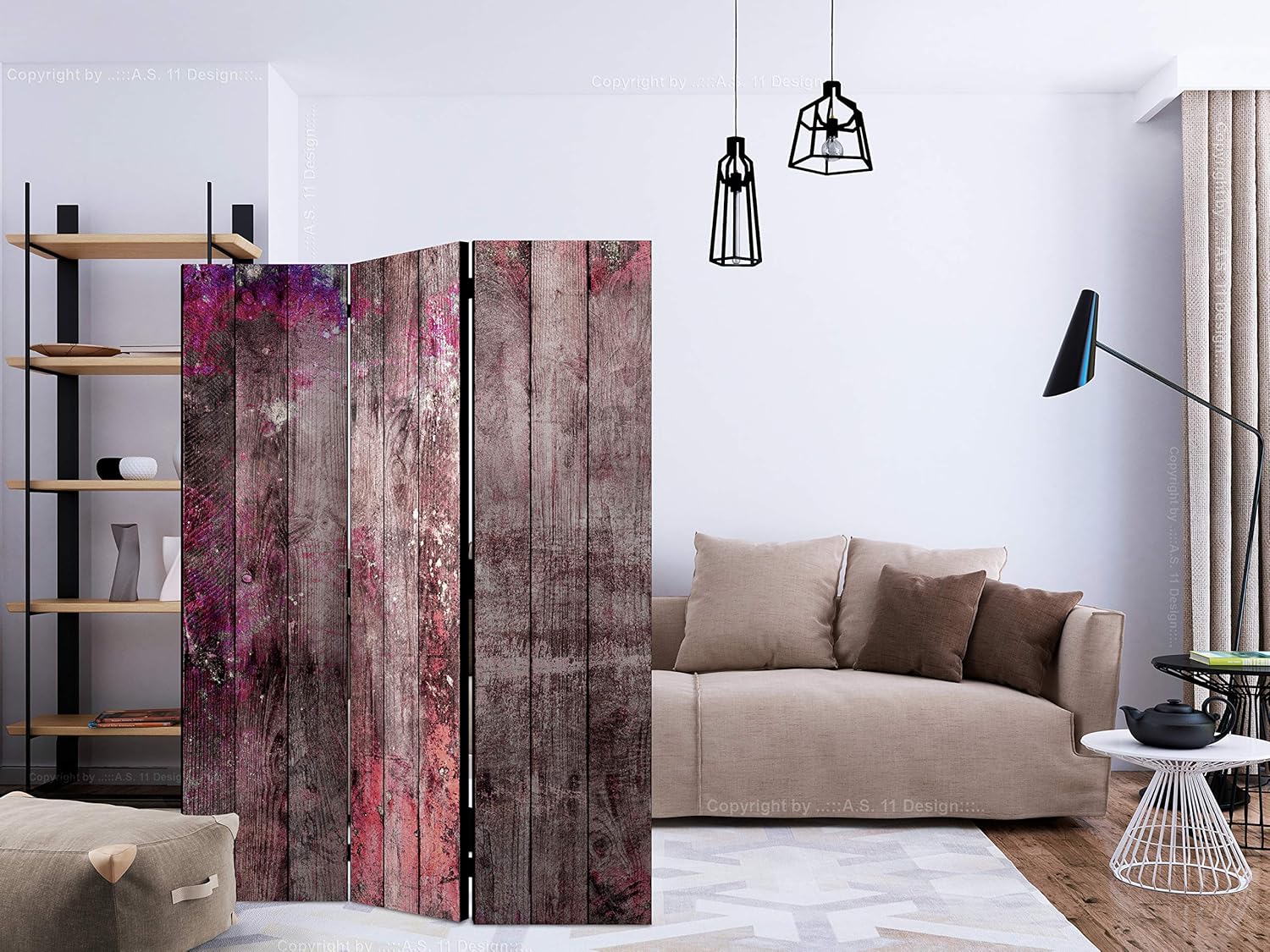 artgeist Acoustic Room Divider Faux Wood 53x68 in - Double-sided Folding Screen Print on Non-woven Canvas Acoustic Foam 3 Panel Home Office Boards Violet Brown f-A-0770-z-b