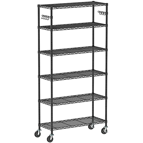 4-Tier Storage Shelving Unit with Wheels, Metal Rolling Storage Shelves Adjustable Layer Steel Rack Shelf, Wire Shelving Storage for Kitchen Garage Pantry Office, Black (14D x 36W x 57H)