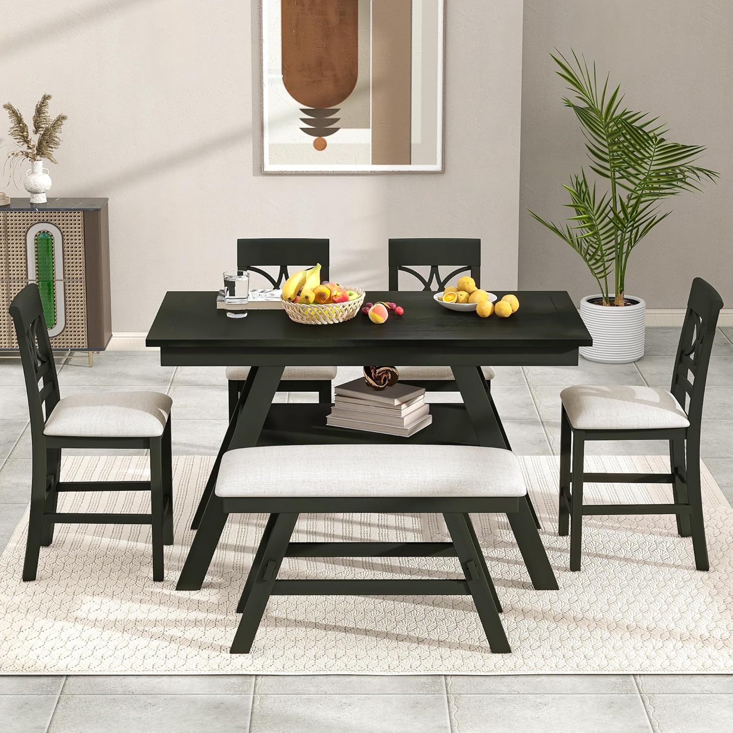 LUMISOL Dining Table Set for 6, Farmhouse Kitchen Table Set with Storage Shelf, 4 Upholstered Chairs and 1 Bench, 6 Piece Counter Height Dining Table Set for Kitchen, Dining Room, Espresso+ Beige