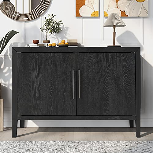 P PURLOVE Sideboard Storage Cabinet with 4 Doors, Retro Large Storage Space Buffet Cabinet with Adjustable Shelves, Sideboard for Hallway, Entryway, Living Room, Dining Room (Black)