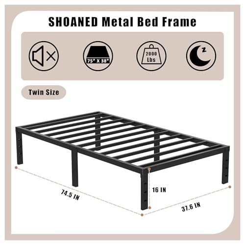 Queen Size Metal Bed Frame - 16 Inch Heavy Duty Bedframe Black Basic Steel Slats Platform No Box Spring Needed, Easy Assembly, Noise Free