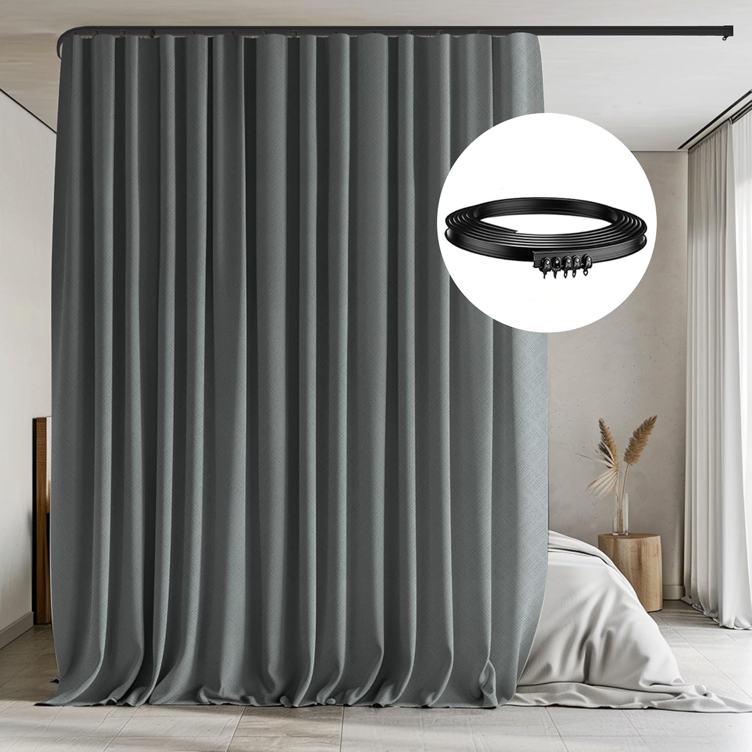 Room Divider Curtain with Flexible Ceiling Track Suit,Total Blackout Ceiling Curtains and Track,Sliding Door Curtains Extra Wide Curtains Portable Curtain.(Drak Grey W180 x H96 1 Panel)