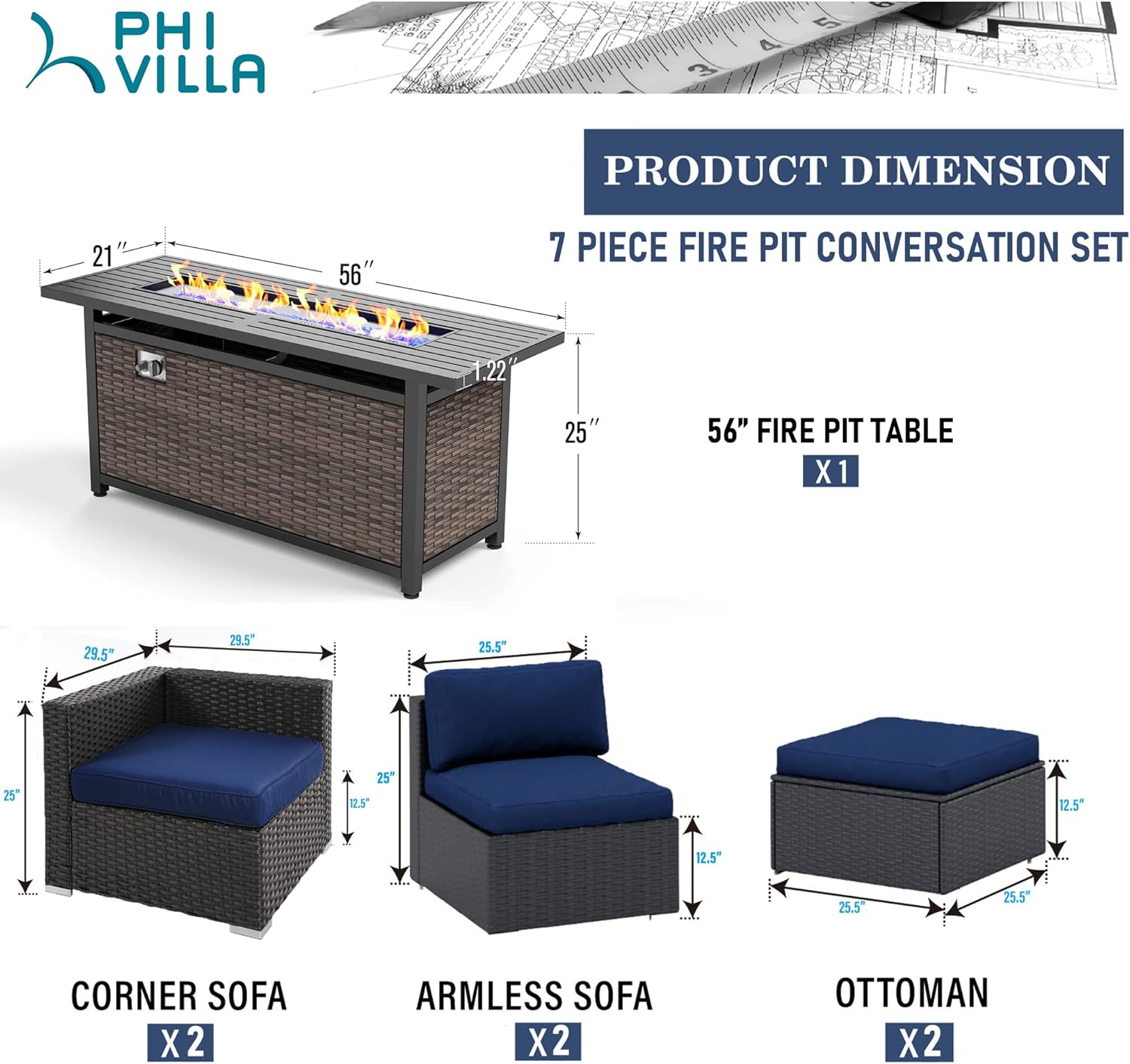 PHI VILLA 7-Piece Patio Furniture Set & 56