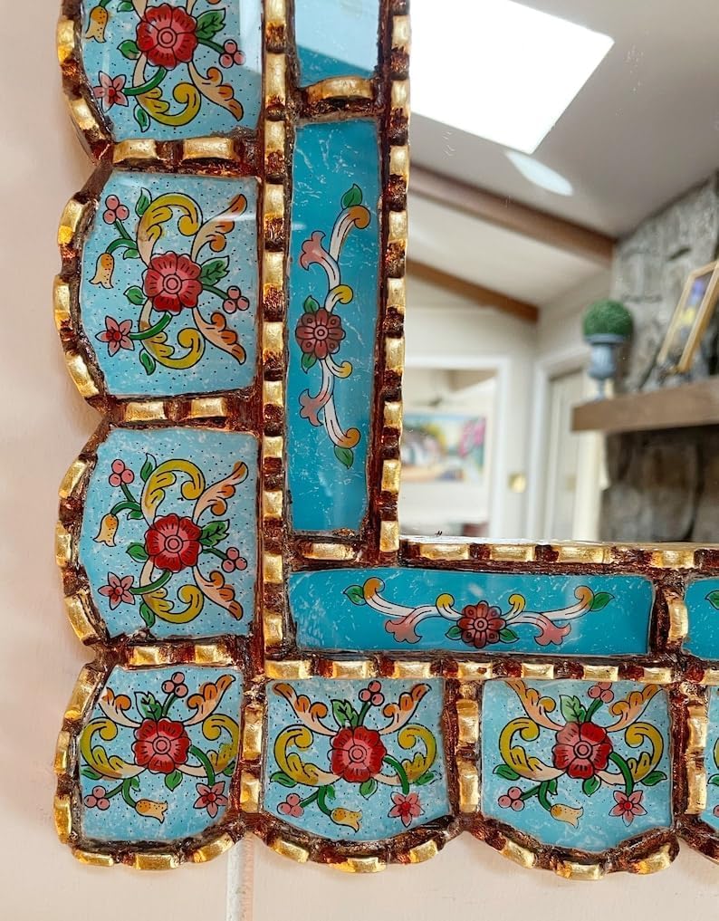 Aqua Blue Flower Arch Mirror, Stained Glass Mirror, Tropical Bohemian Mirror