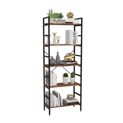 5 Tier Tall BookShelf,Bookcase with Steel Frame,Home Office Modern Bookcase Shelf for Bedroom/Living Room/Home Office - Rustic Brown Storage Rack for Books,Garage Kit, CDs and Movies