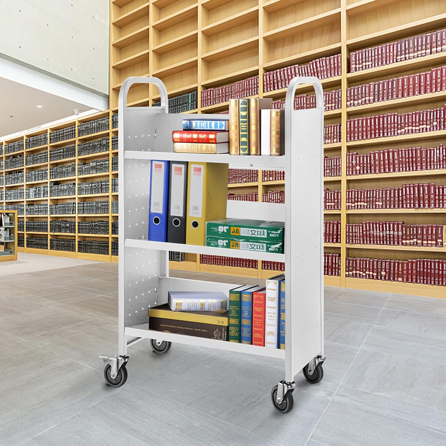 BestEquip Book Cart, 200LBS Library Cart, 49.2''x29.5''x13.8'' Rolling Book Cart, Single Sided V-Shaped Sloped Shelves with 4 Inch Lockable Wheels for Home Shelves Office School Book Truck, White