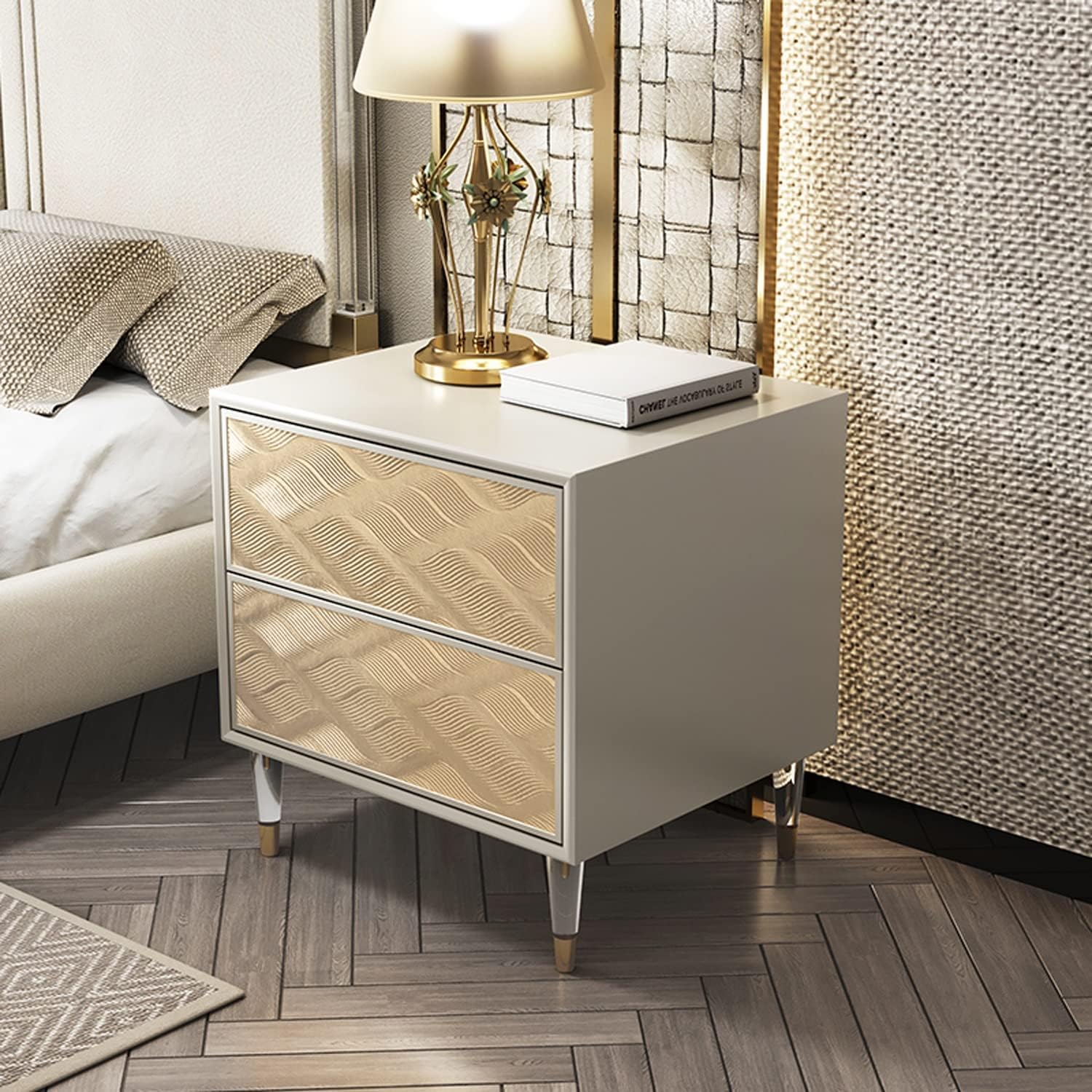 Light Luxury Nightstand, Modern Fashion Bedside Table 2 Drawer, Rectangle Night Stands Side Tables, Bedroom Furniture,Wooden Storage Cabinet