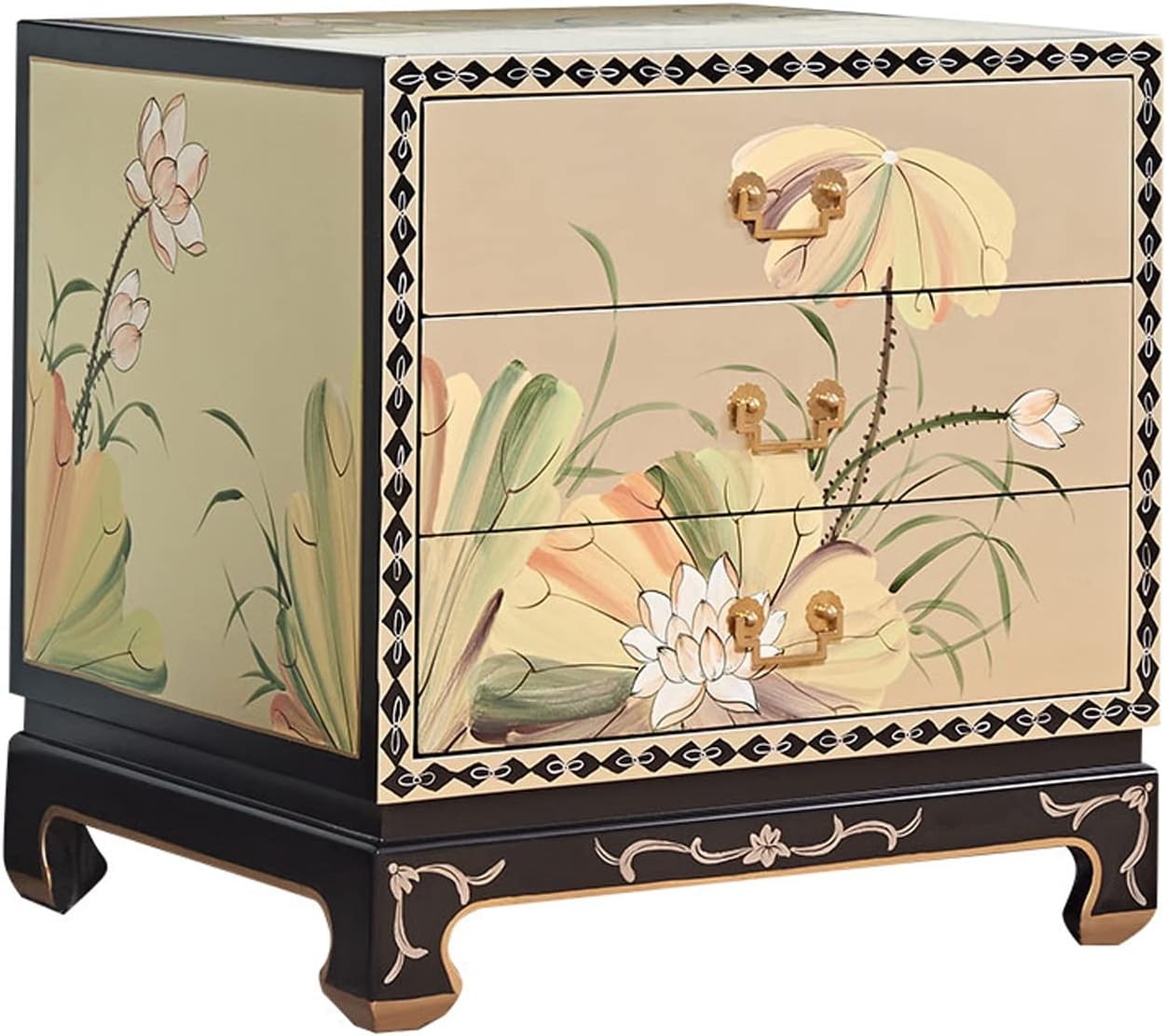 Luxury Chinese Style Nightstand, Exquisite Classical Painted Bedside Tables, Wooden Storage Cabinet with 3 Drawer, Night Stands Side Table Living Room Bedroom Furniture