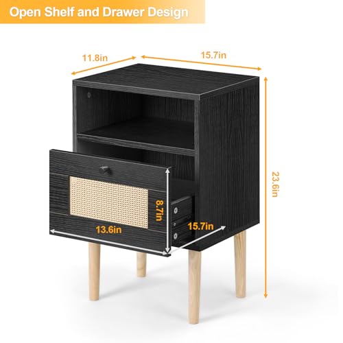 SEHERTIWY Mid Century Nightstand, Rattan Side Table with Drawers, Modern Nightstand, Boho Farmhouse Wood Bedside Table with Storage, Small Side Tables for Bedroom Small Space