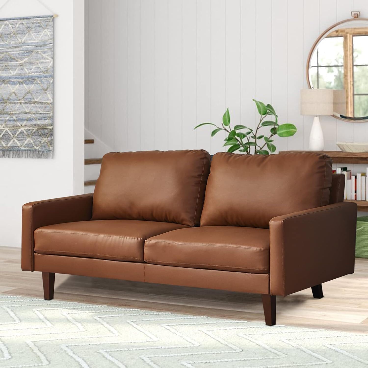 Retro Revival Leather Sofa Modern Couch with Wooden Legs for Living Room, Office - Brown
