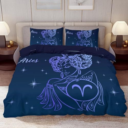 Delerain Comforter Set Queen Size, Aries Zodiac Sign 3-Piece Bedding Set for Women Men Modern Soft Microfiber Bedroom Set Room Decor, 1 Duvet Cover + 2 Pillowcases