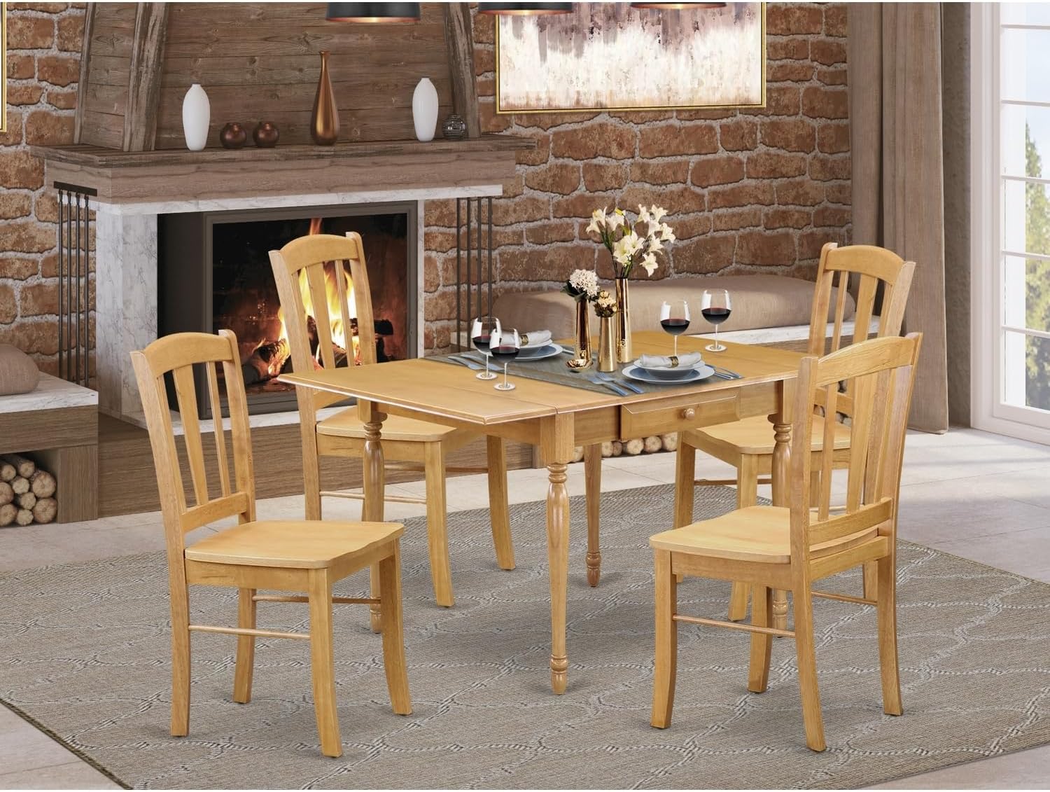 Rococo Radiance 5Pc Dining Room Table Set Includes A Small Table and 4 Wood Dining Chairs with Wooden Seat, Drop Leaf Table with Panel Back Chairs, Oak Finish