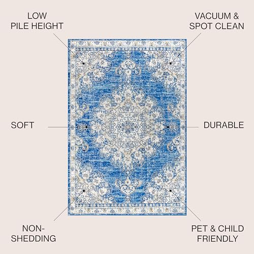 JONATHAN Y BMF104B-5 Bohemian Flair Boho Distressed Medallion Indoor Area-Rug Floral Easy-Cleaning High Traffic Bedroom Kitchen Living Room Non Shedding, 5 ft x 8 ft, Blue/Cream
