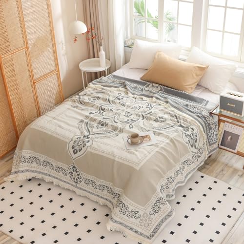ROOMLIFE Boho 100% Cotton Throw Blanket, 6-Layer Floral Bed Throw Blanket Farmhouse Bed Blankets All Season Rustic Throw for Couch Bed Living Room Decor Soft Cozy Furniture Protector,80