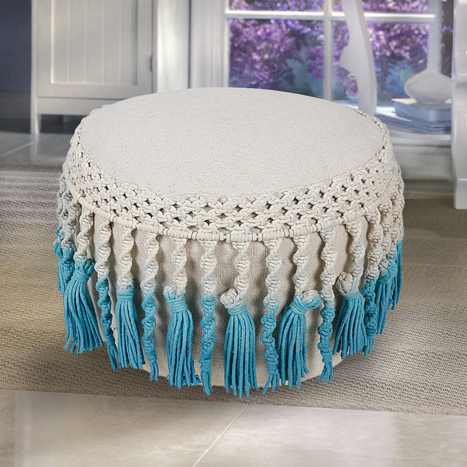 Urban Shop Ombre Fringe Macrame Pouf, Blue