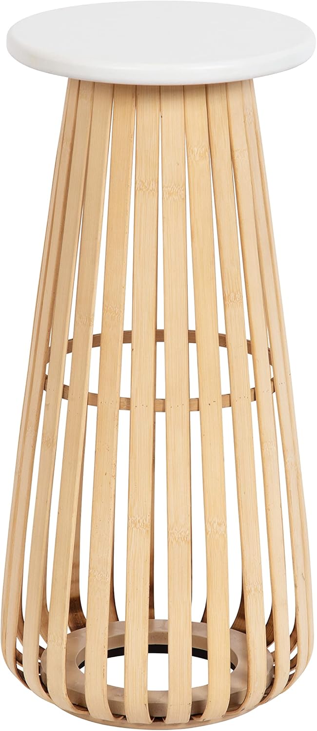 Kate and Laurel Oren Modern Boho Slatted Accent Drink Table or Indoor Plant Stand for Neutral Home Decor, 10x10x23, White/Natural