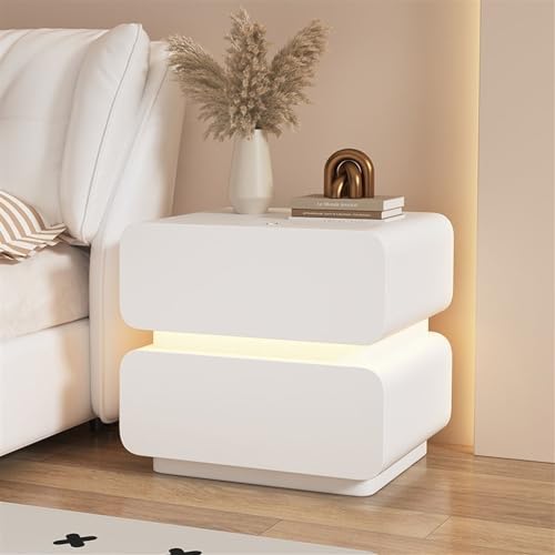 Nightstand with LED Lights, Bedside Table with Drawers, Side Table with 2 Drawers, Dresser for Small Space, Modern End Side Table for Bedroom(Color:White,Size:50 * 40 * 50cm)