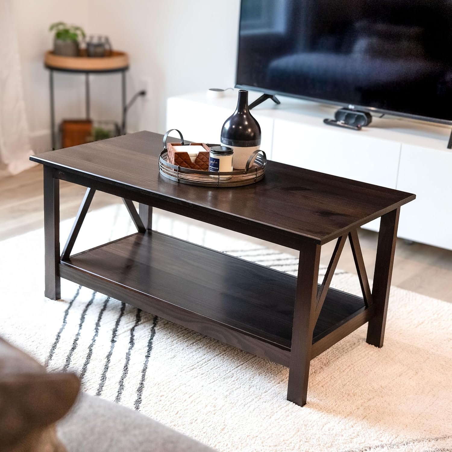 Sunnydaze Dark Wood Coffee Table with Storage Shelf - Indoor Solid Pine Wood Center Table for Living Room - Dark Brown - 43.5