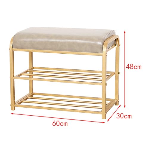 Entryway Shoe Rack with Cushioned Seat, Hallway Narrow Shoe Bench, 2 Shelves Storage Bench with Faux Leather Top Bed Bench, Gold