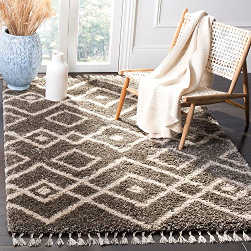 SAFAVIEH Moroccan Fringe Shag Collection Accent Rug - 3' x 5', Grey & Cream, Tribal, Non-Shedding & Easy Care, 2-inch Thick Ideal for High Traffic Areas in Entryway, Living Room, Bedroom (MFG249A)