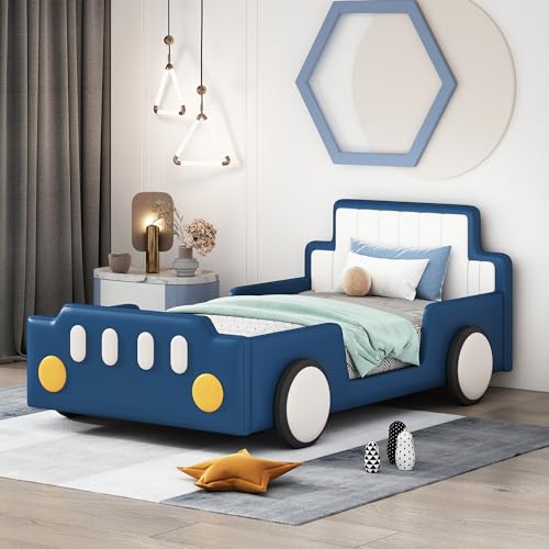Full Size Classic Car-Shaped Platform Bed with Wheels,Wooden Floor Bedframe W/Door Design,Easy to Assemble,Toy Car Furniture for Boys Kids Toddlers Child's Bedroom,Blue