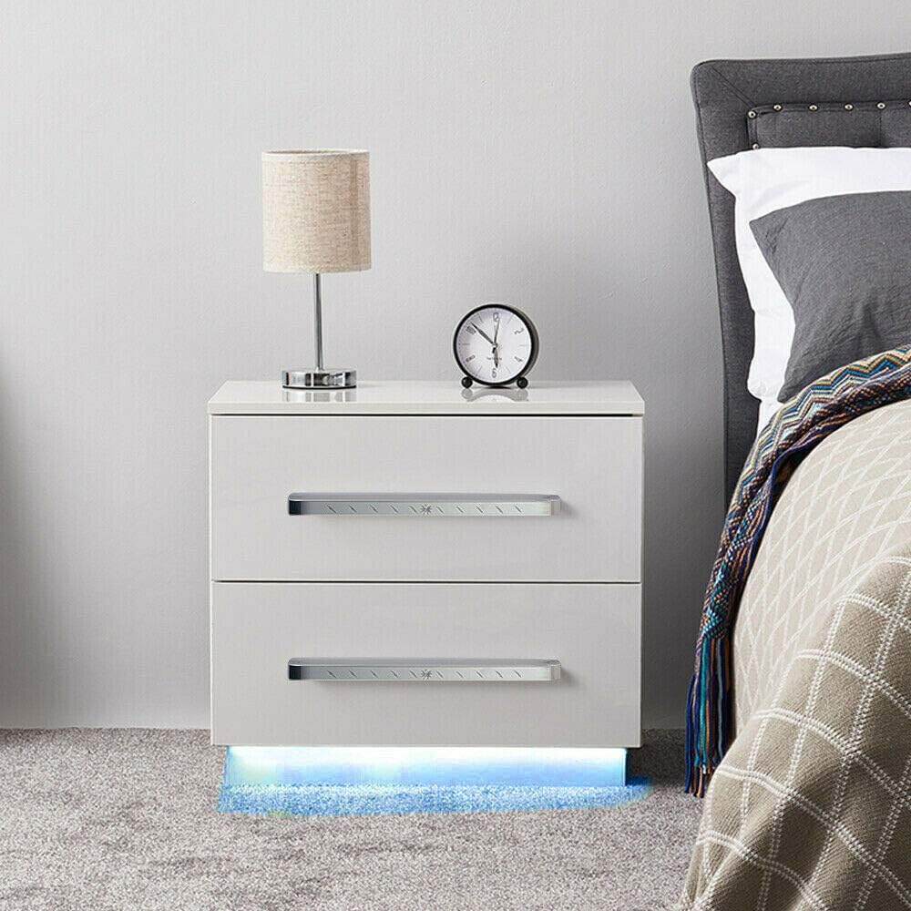 Modern LED End Table&Nightstand for Bedroom,Bed Side Table/Night Stand with Led Lights Bedroom Furniture White Built in Multi-Colour LED Nightstand High Gloss Bedside Cabinet with 2 Drawers