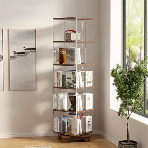 360° Rotating Bookshelf Clear Spinning Bookshelf 5 Tier Large Capacity Wood Rotating Storage Display Rack with Small Footprint Floor Standing Storage Rack Easy to Install for Living Room Bedroom Home