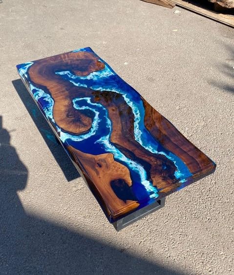 TUZECH Unique Wood Resin Epoxy Realistic BLue River Look with Wave Table Coastal table Top Dining Table Coffee Table Side/End Table Home Décor (16.5