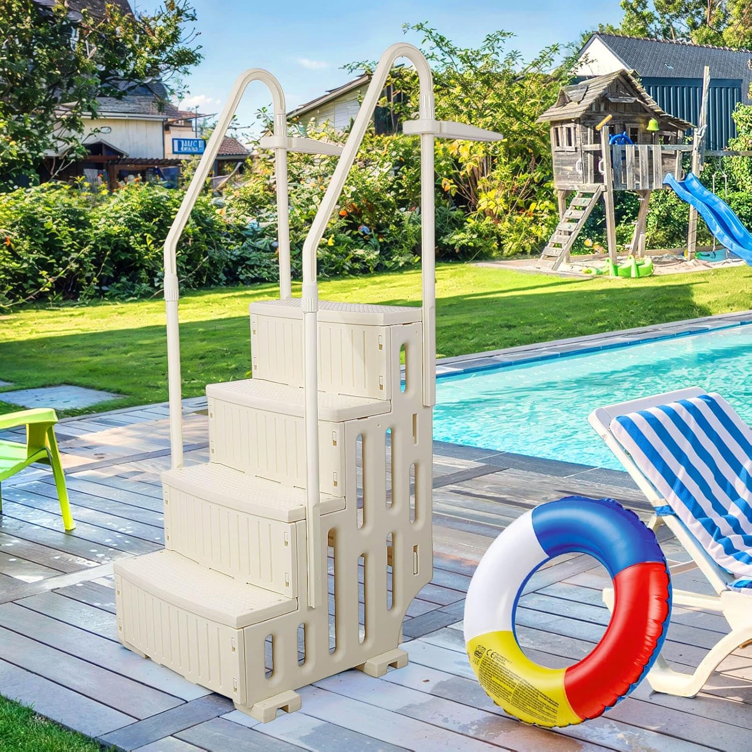 Pool Ladder Above Ground for 60'' High Wall Pools, 400lb Load, Plastic Heavy Duty Swimming Pool Steps Above Ground, Anti-Slip Pool Stairs Entry System with Double Handrails, White