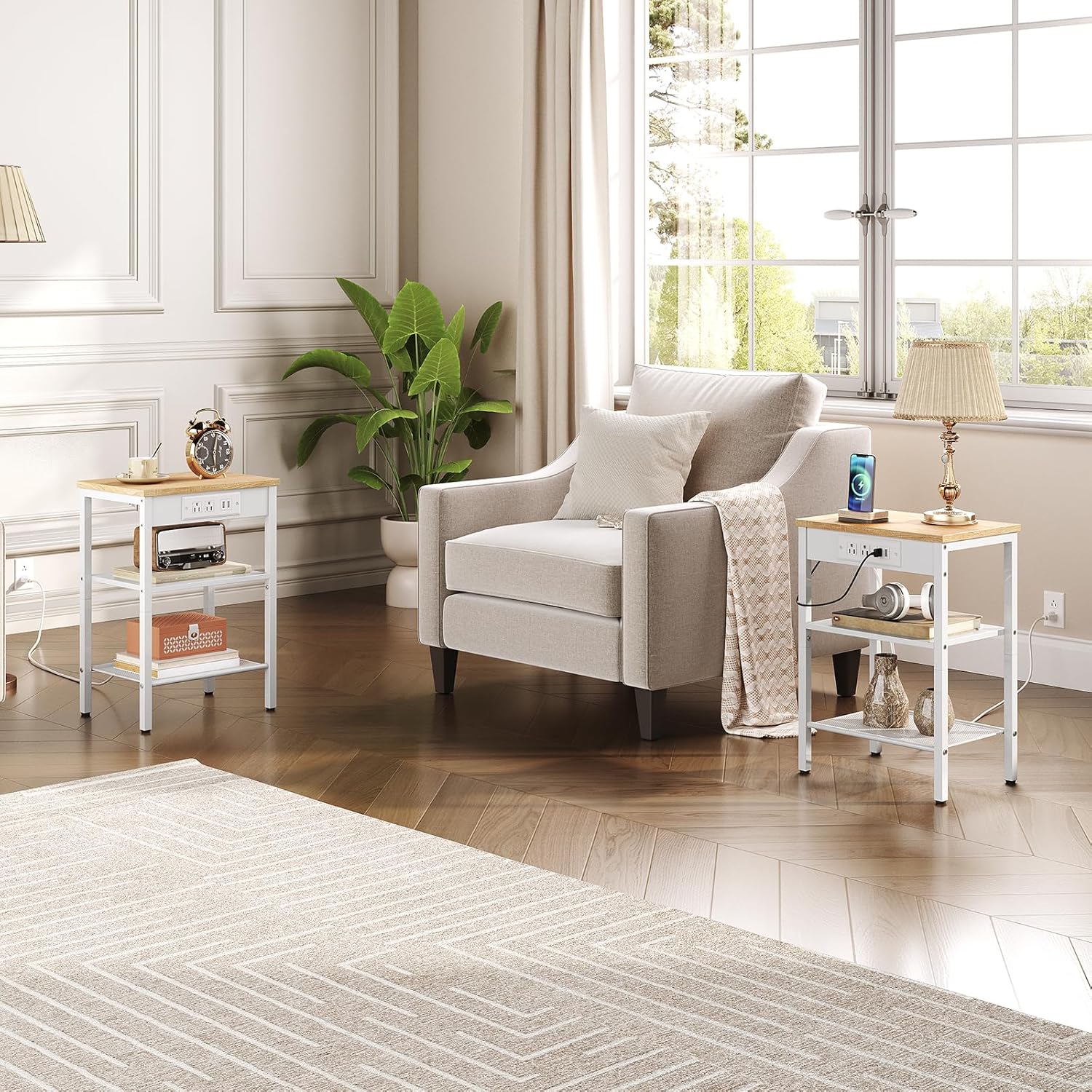 HOOBRO End Tables Set of 2 with Charging Station and Bamboo Side Tables Set of 2 Bundle, Small End Tables for Small Space in Living Room, Bedroom, WN112BZP201-YL151UBZP201