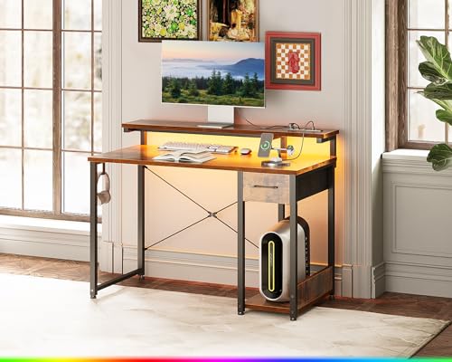 AODK Gaming Desk with LED Lights & Power Outlet, 40 Inch Computer Desk with Drawer, Reversible Desk with Adjustable Monitor Shelf & Headphone Hook for Home Office, Black