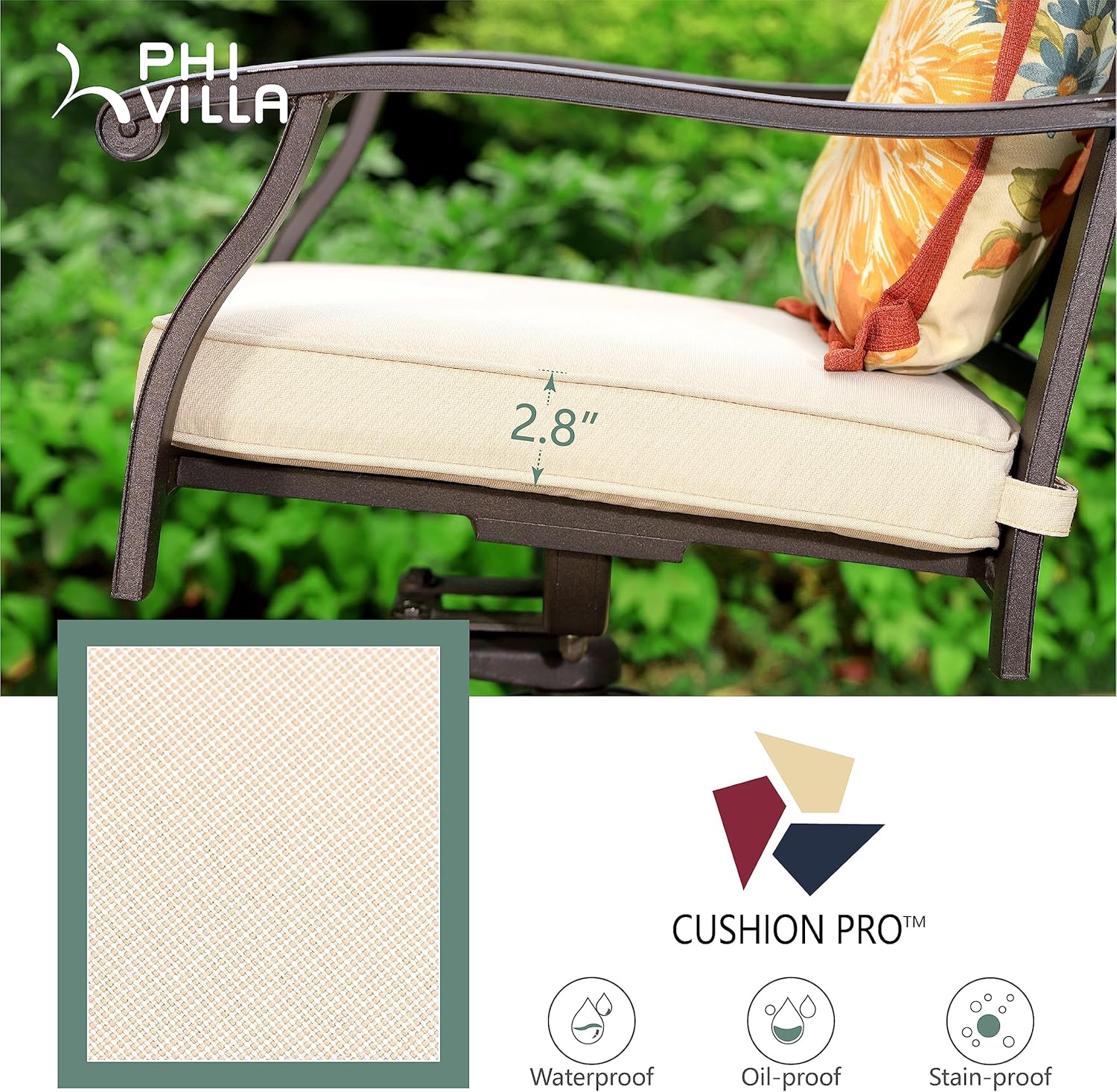 PHI VILLA 3 Pcs Cast Aluminum Patio Bistro Set, 2 Extra Wide Armrest Dining Chairs with Cushion & 1 Square Bistro Dining Table with Umbrella Hole