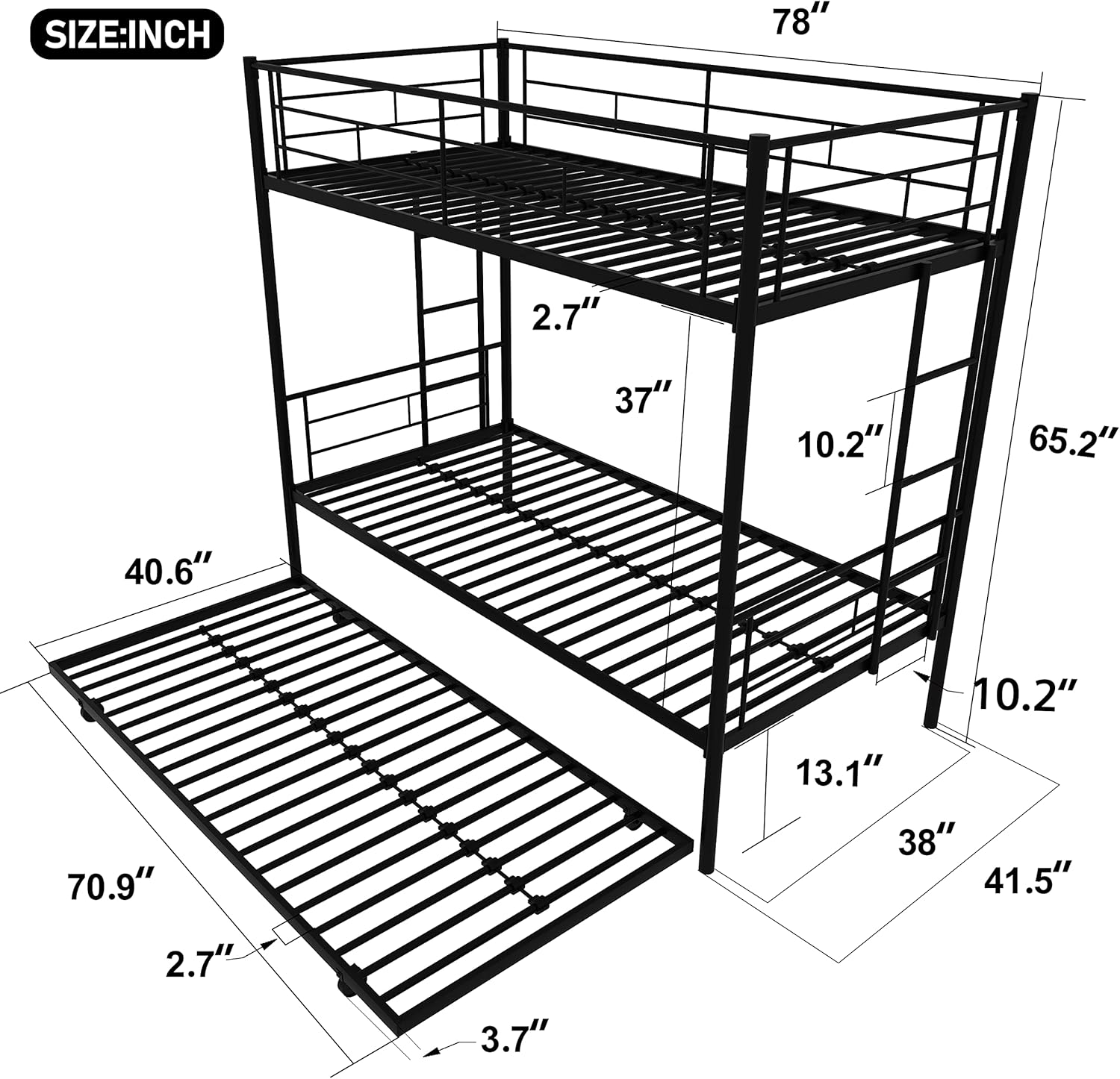 Twin Size Metal Bunk Bed with Trundle, Heavy Duty Children's Bedframe with Two Ladders & Safety Guardrails, Detachable & Space Saving Design, Ider for Boys & Girls Bedroom, Black-09