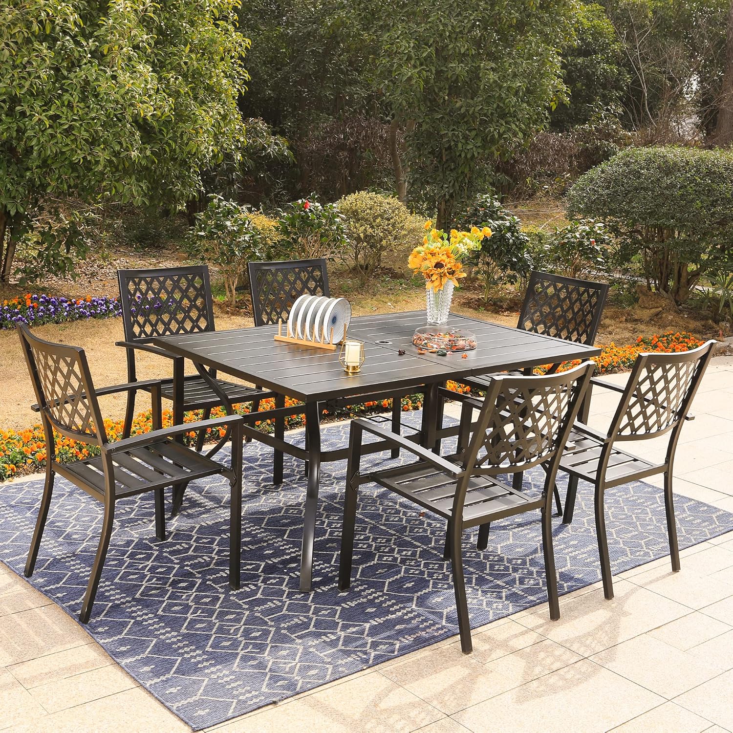 PHI VILLA 7-Piece Outdoor Patio Dining Set, 6 Stackable Metal Chairs with E-Coating and 1 Rectangular Table with Umbrella Hole for Patio, Deck