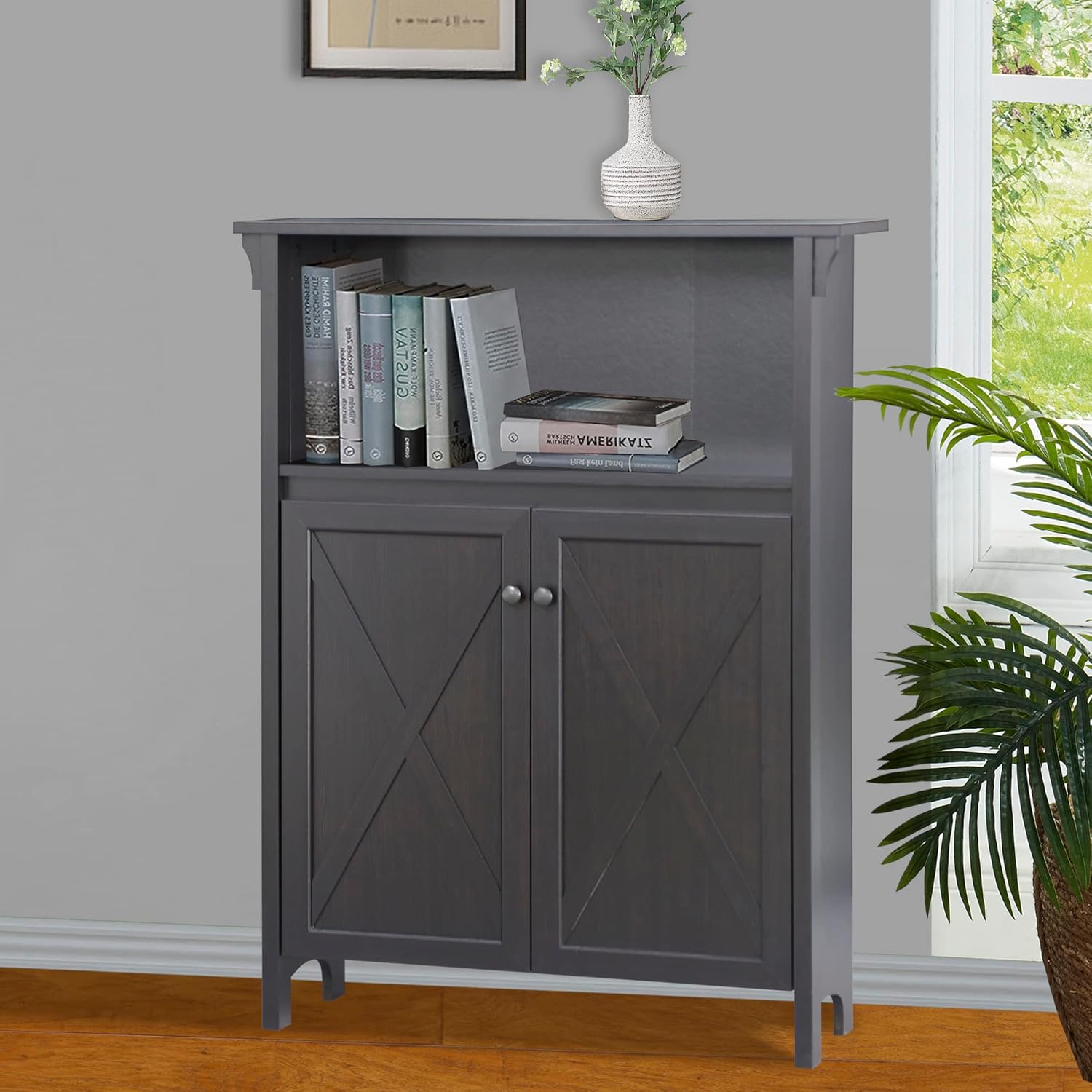 Hawksbury Open Shelf Farmhouse Wood Storage Cabinet in Espresso