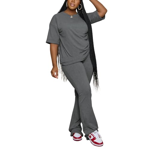 PINSV Women 2 Piece Outfits Short Sleeve Top and Flare Pants Lounge Sets Tracksuit