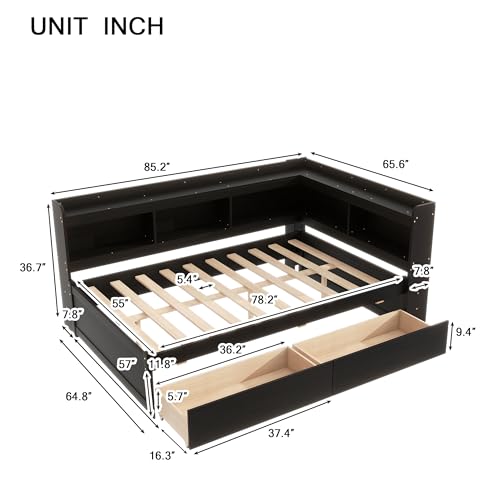 Bed Frame with Bookcase, Platform Bed Frame with Storage Full Size, Captain Full Size Bed Frame for Kids Teens Adults Bedroom, Wood Slats Support, No Box Spring Needed, Grey