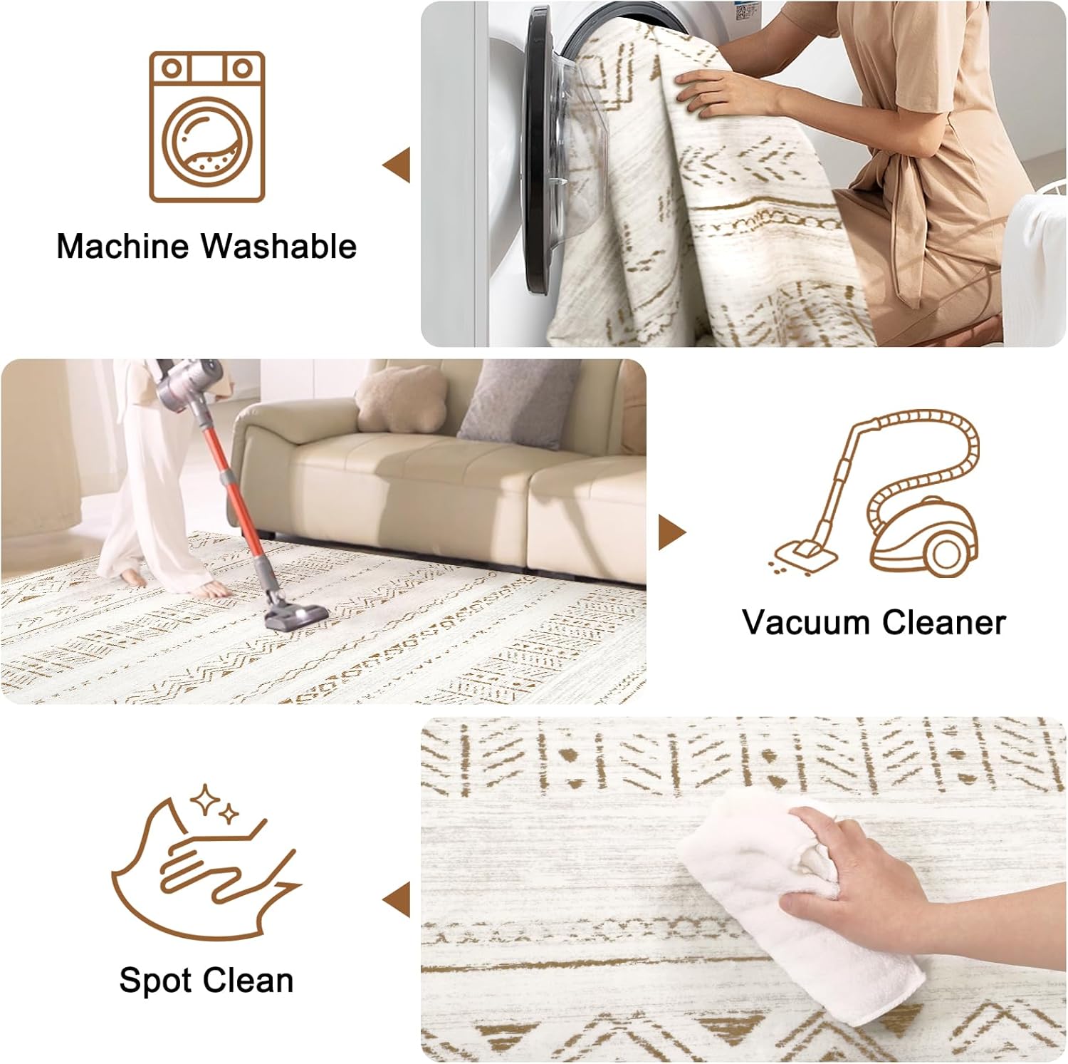 Large Living Room Area Rug 9x12: Soft Machine Washable Boho Moroccan Farmhouse Rugs for Bedroom Under Dining Table - Non Slip Neutral Morden Indoor Floor Carpet for Home Office Decor - Brown/Cream