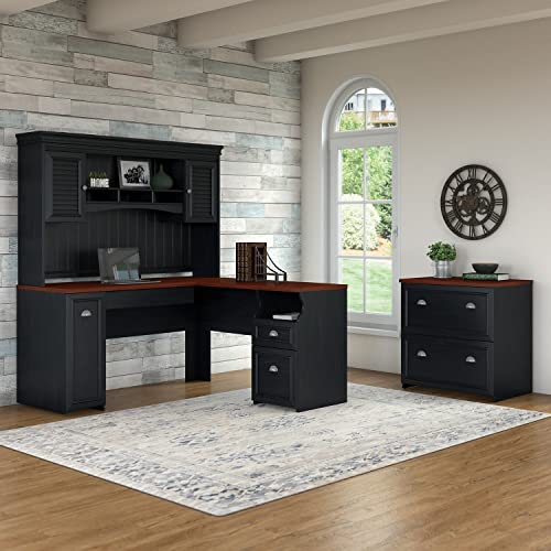 Bush Furniture Fairview L Shaped Desk with Hutch and Lateral File Cabinet, 60W, Antique Black