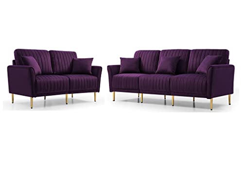 Yoglad Couches for Living Room Modern Velvet Upholstered Square Ottoman Upholstered with Gold Leg Design, Vertical Tufted Small Ottoman for Living Room Purple