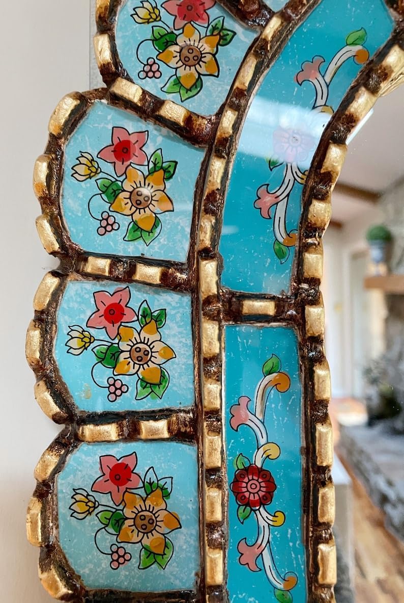 Aqua Blue Flower Arch Mirror, Stained Glass Mirror, Tropical Bohemian Mirror