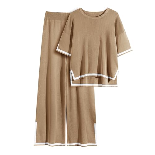 YIJIU Women's 2 Piece Outfits Short Sleeve Knit Sweater Pullover Tops Soft Wide Leg Pants Lounge Sets Tracksuits