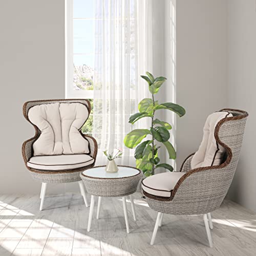 NUU GARDEN 3 Piece Outdoor Bistro Set, Woven Rope Conversation Patio Set, All Weather Aluminum Patio Furniture Chairs and Table with Cushions for Garden, Deck, Backyard, Beige
