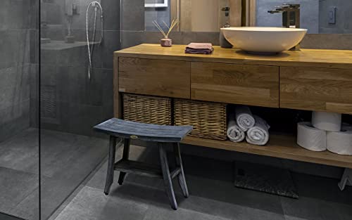CoastalVogue Satori Shower Bench Natural Wooden Seat Shower Stool with Curved Seat and Shelf Teak Wood Shower Bench in Gray Driftwood Finish - 18 inches Long